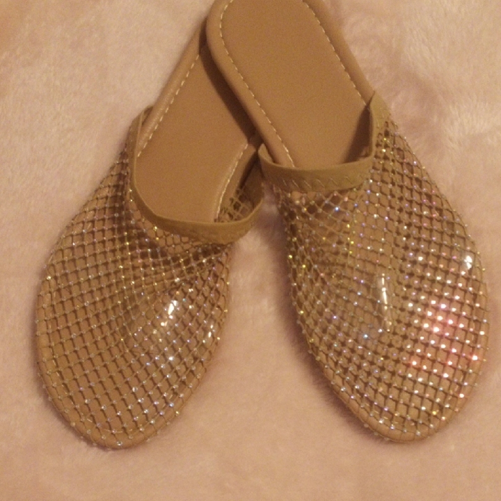 Elegant Tan Mesh Slides with Sparkle - NWOT
